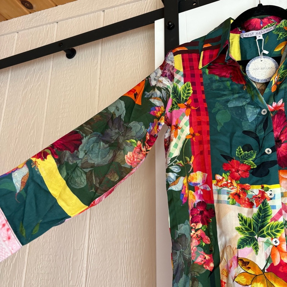 Just Bellina Tropical Floral Patchwork 2 Piece Set Blouse & Wide Leg Pant Set - Picture 3 of 7